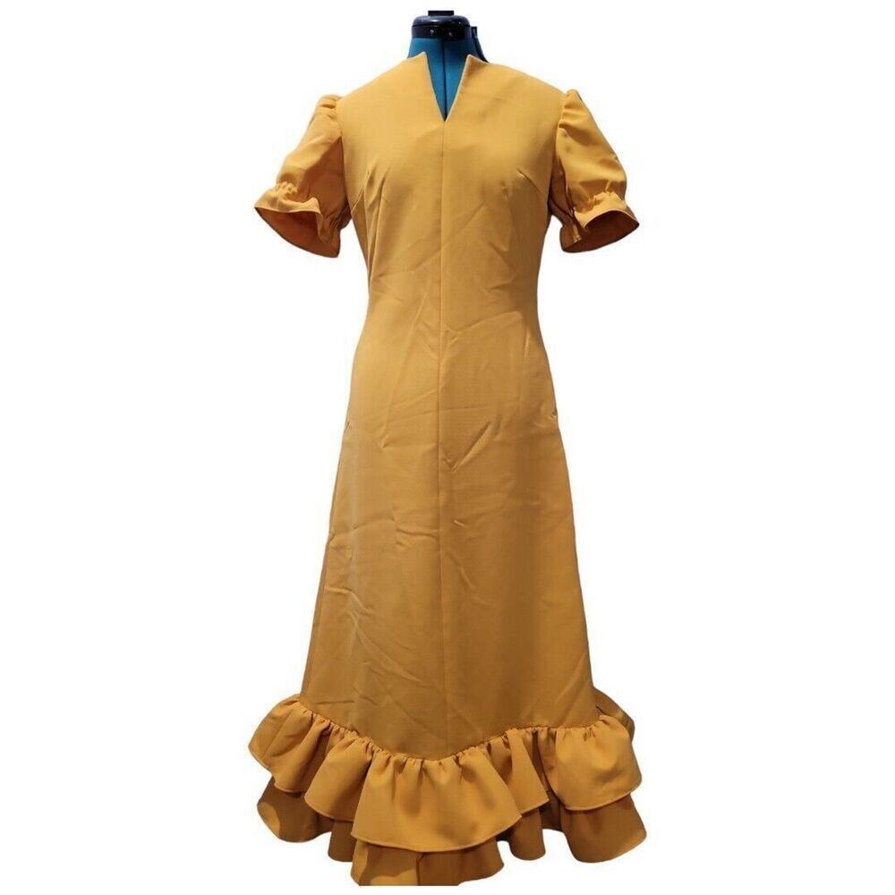 Women's Mustard Yellow Dress Boho Ladies Casual Long Dresses Gown Ruffles